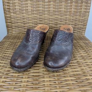 Sofft Brown Leather Western-Style Mules Heels Shoes Embossed Detail